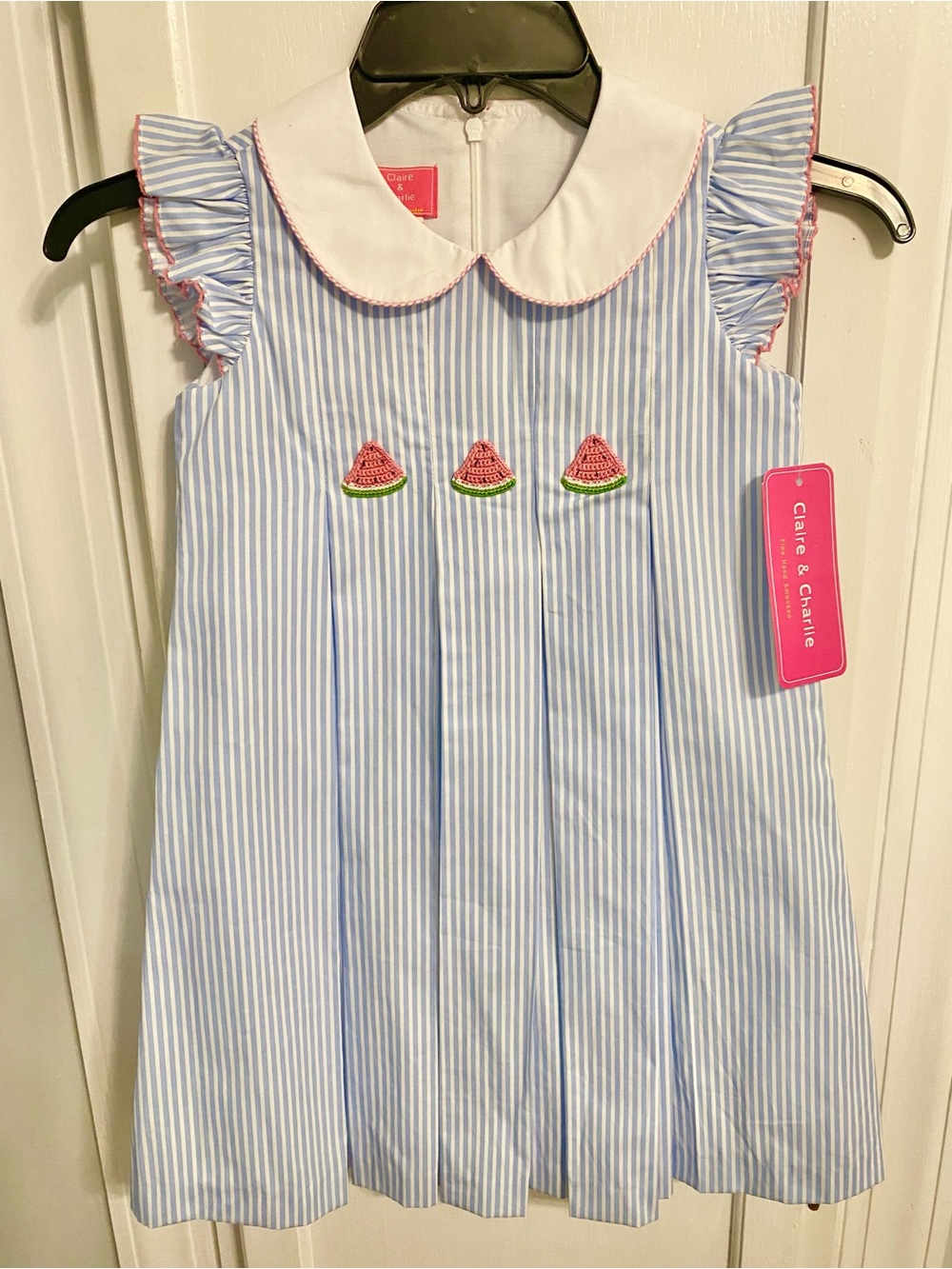 6 Claire & Charlie Blue Stripe Watermelon Applique Girls Dress